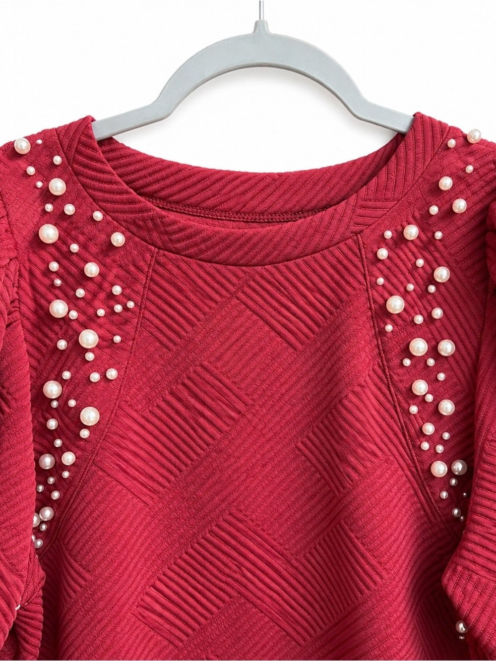 Umgee Sample Crimson Pearl Embellished Textured Puff Sleeve Top